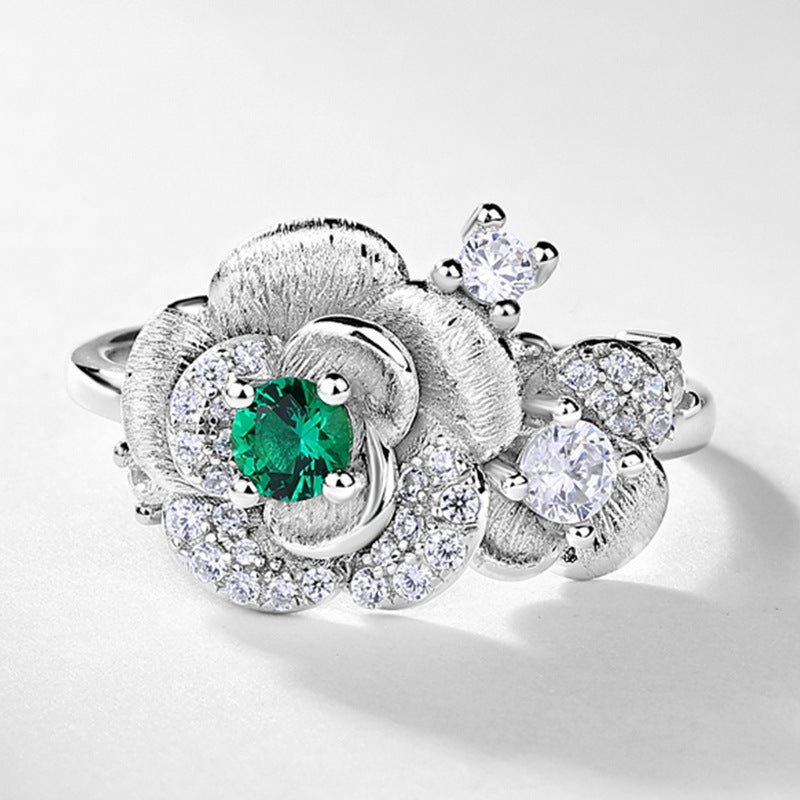 Origsoul sterling silver ring jewellery with green and clear gemstones in floral design
