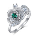 Origsoul sterling silver ring jewellery with green center stone and sparkling clear crystals floral design