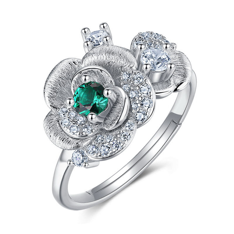 Origsoul sterling silver ring jewellery with green center stone and sparkling clear crystals floral design