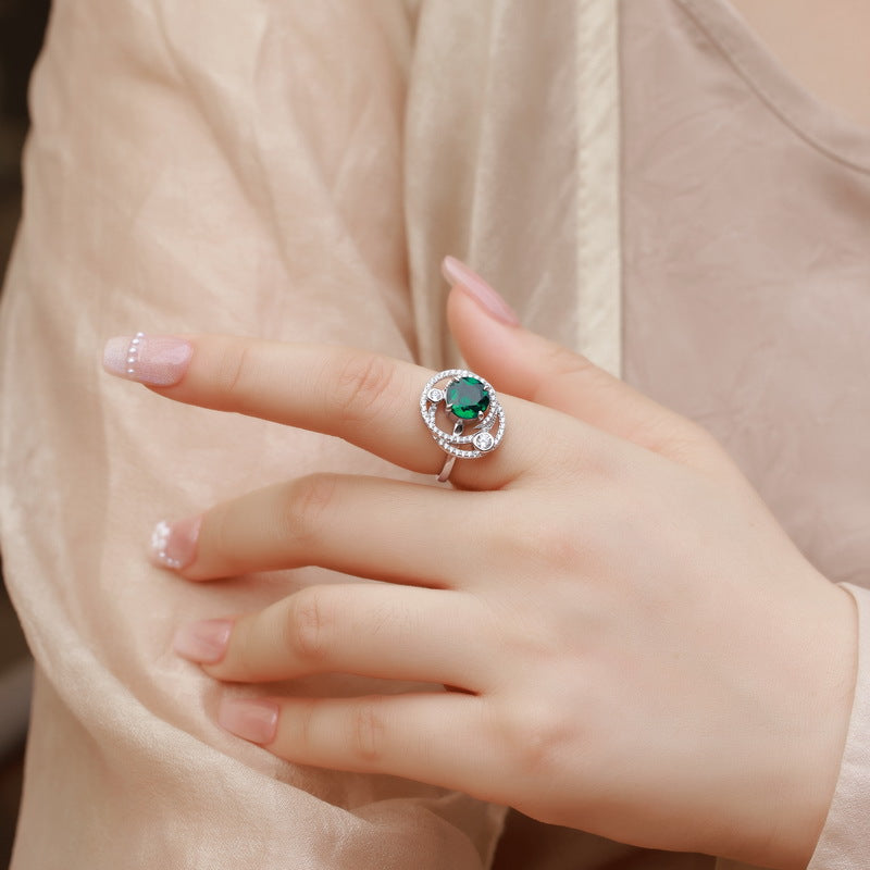 Origsoul sterling silver ring jewellery with green gemstone worn on hand with manicured nails