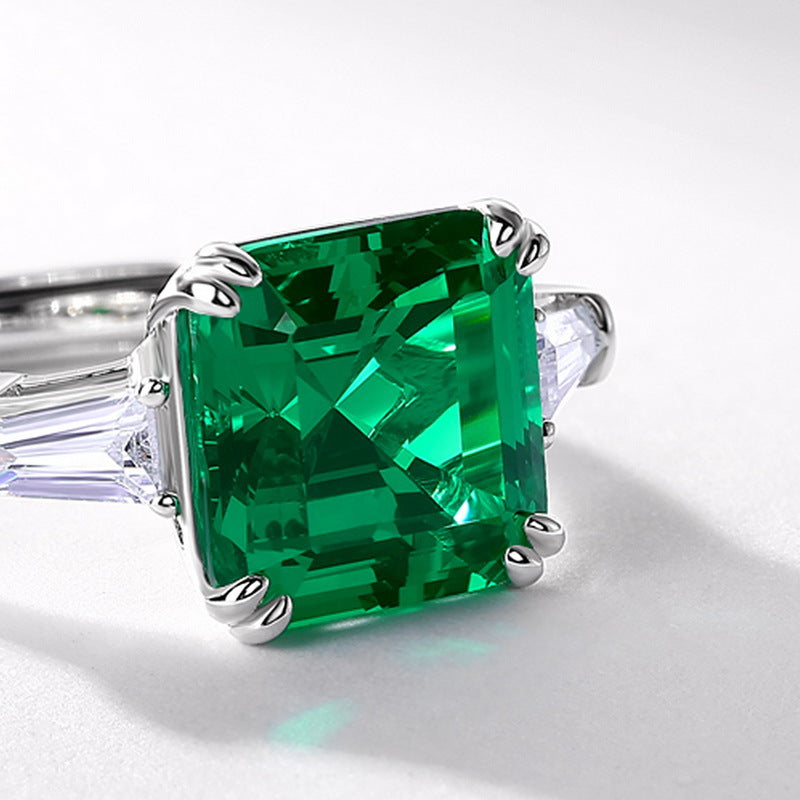Origsoul sterling silver ring jewellery with large square green gemstone and clear side stones
