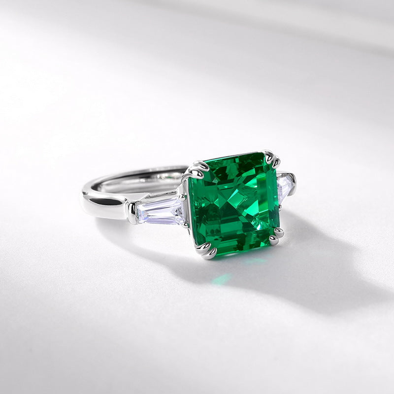 Origsoul sterling silver ring jewellery featuring a large square green gemstone with side clear stones