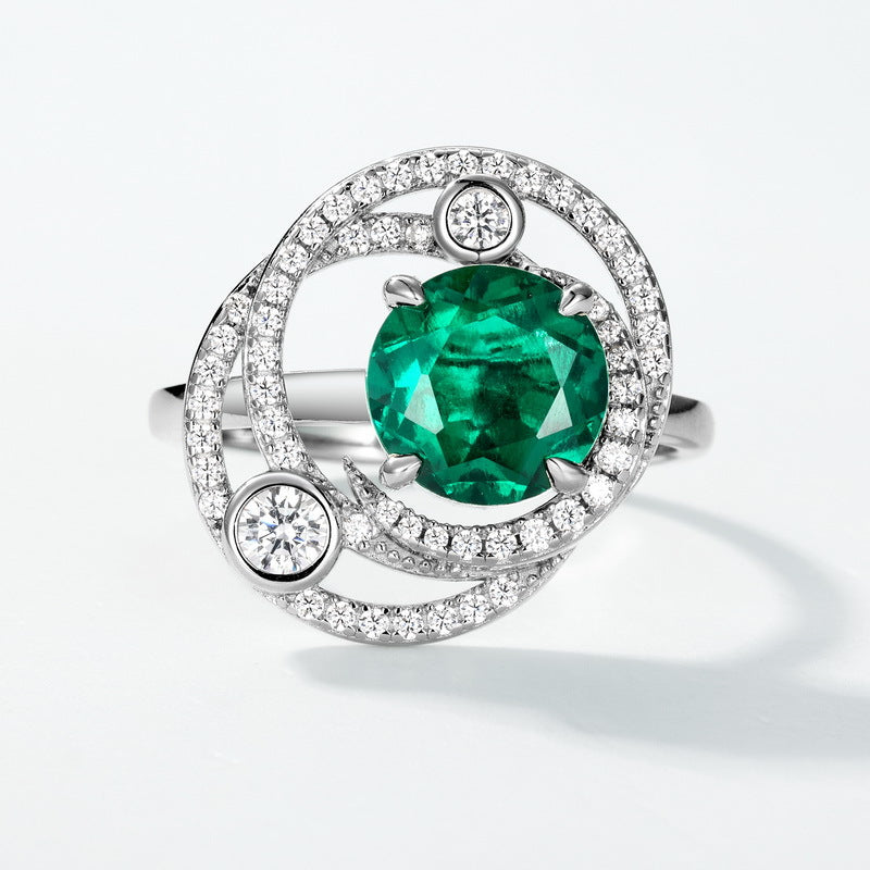 Origsoul sterling silver ring jewellery with large green gemstone and surrounding small clear crystals