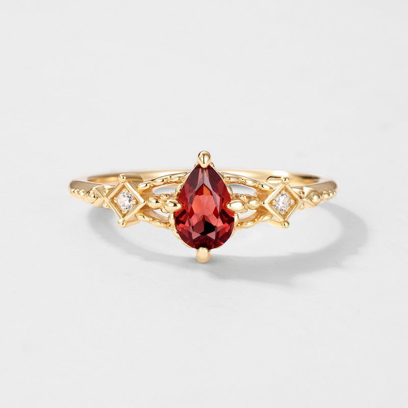 Origsoul gold ring with red teardrop gem and small diamonds sterling silver ring jewellery