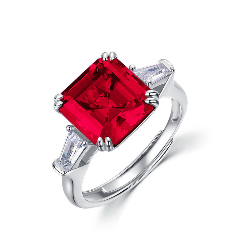 Origsoul sterling silver ring jewellery with a large red square gemstone and two clear side stones