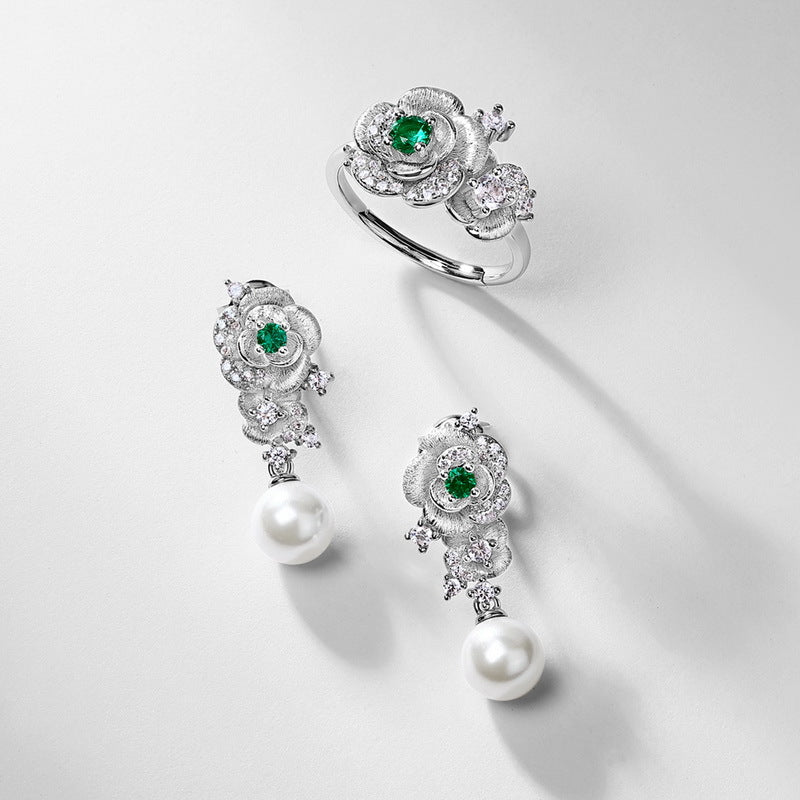 Origsoul sterling silver ring jewellery set with green gemstones and pearl drop earrings
