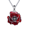 Origsoul sterling silver rose necklace with red flower pendant and black gemstone center