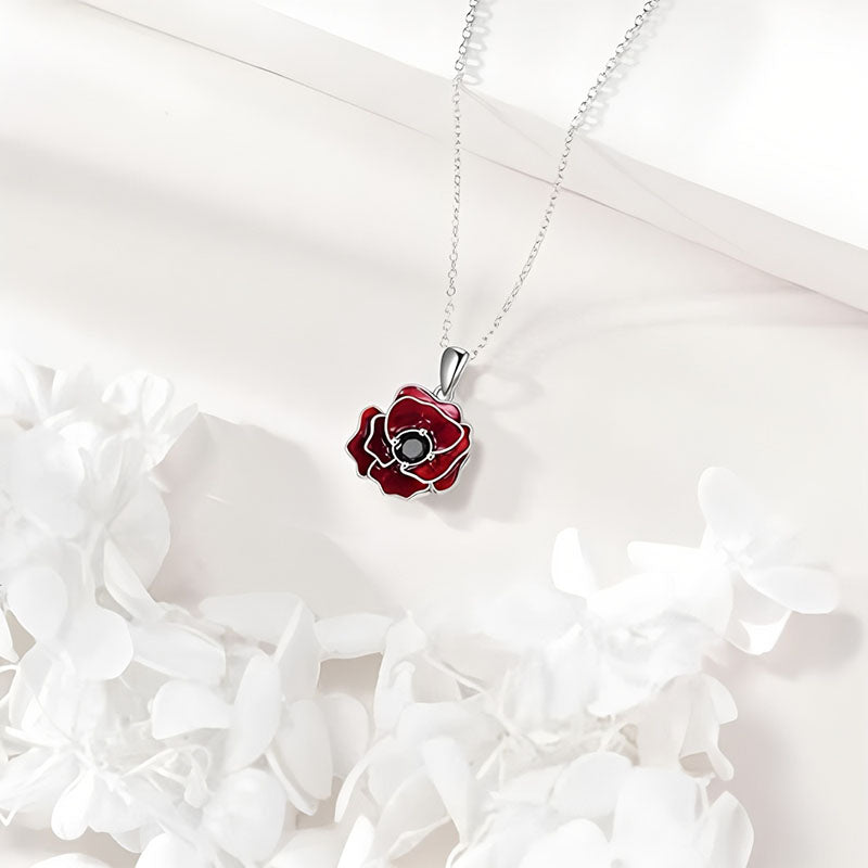 Origsoul sterling silver rose necklace with red enamel detailing for elegant jewelry lovers