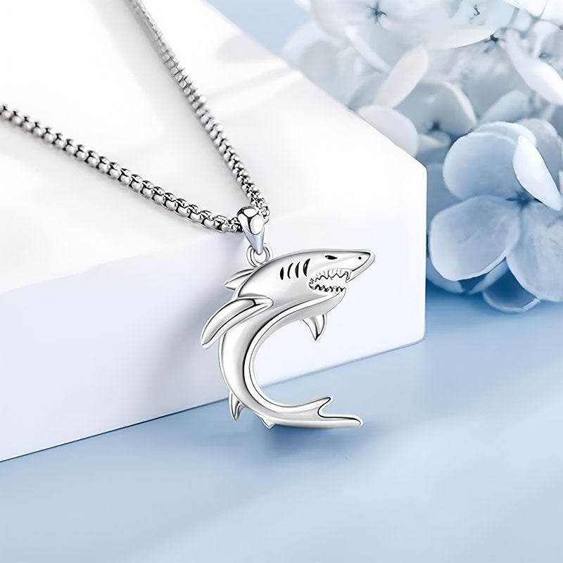 Origsoul sterling silver shark pendant on a delicate chain, showcasing a sleek shark design