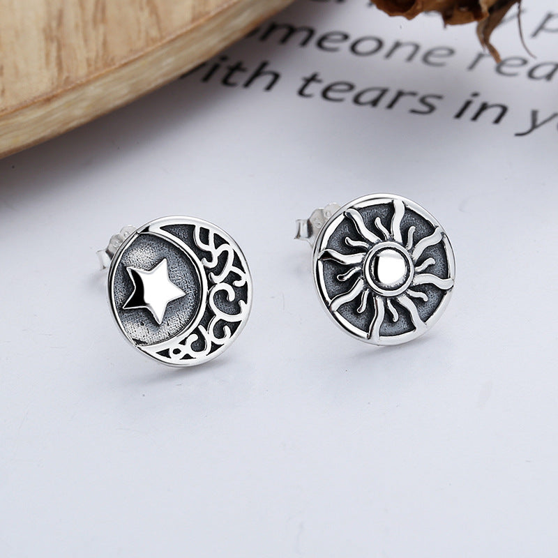 Origsoul cosmic jewelry sun and moon stud earrings with silver celestial design