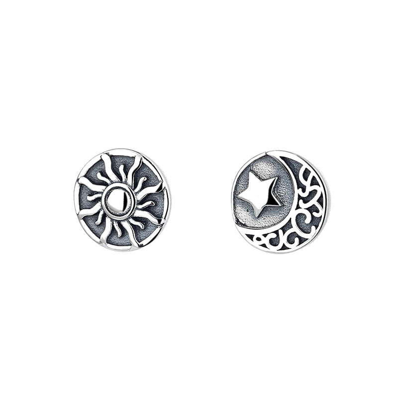 Origsoul sun and moon stud earrings in silver with cosmic sun and star moon design