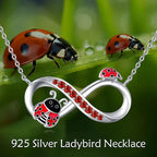 Origsoul ladybug sterling silver necklace infinity pendant with red crystals and two enamel ladybugs on chain