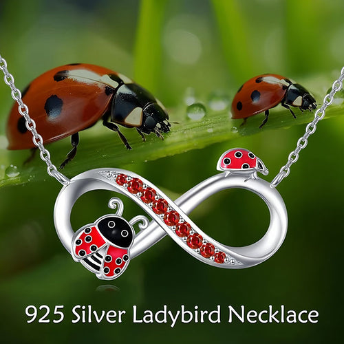 Origsoul ladybug sterling silver necklace infinity pendant with red crystals and two enamel ladybugs on chain