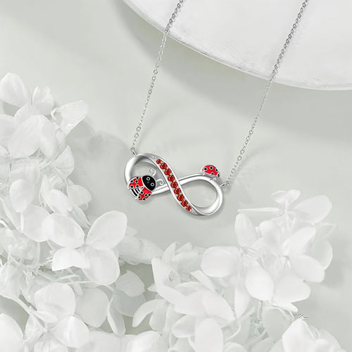 Origsoul ladybug sterling silver necklace infinity pendant with red crystal ladybugs on delicate chain