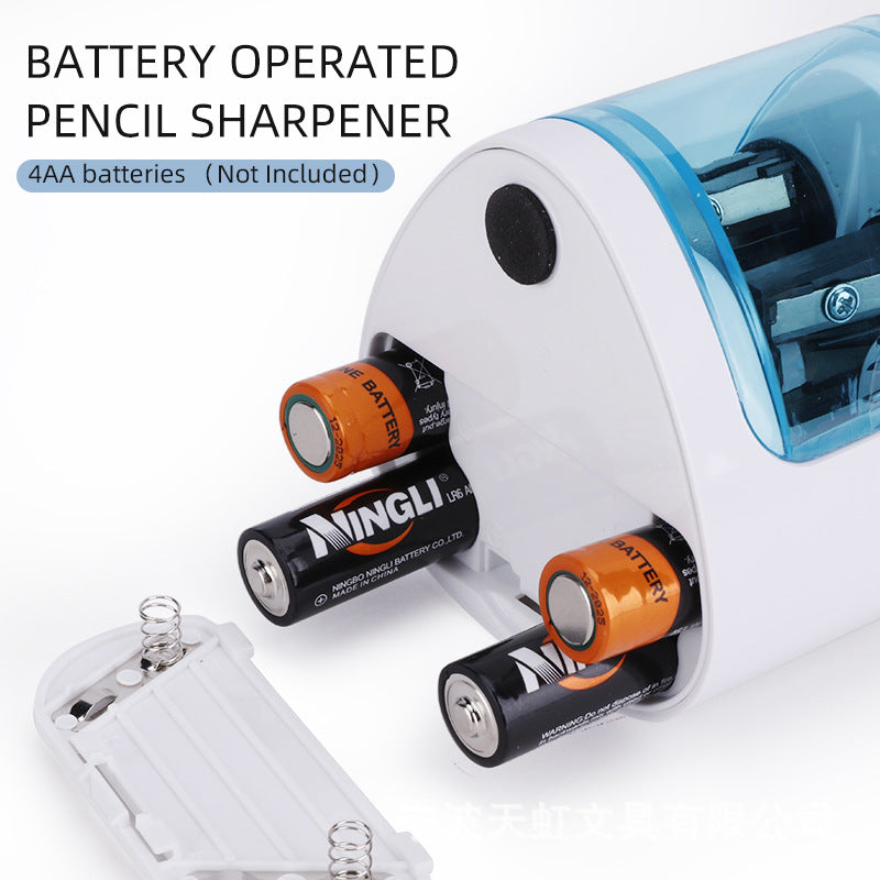 Origsoul battery operated pencil sharpener powered by 4 AA batteries with white and blue casing