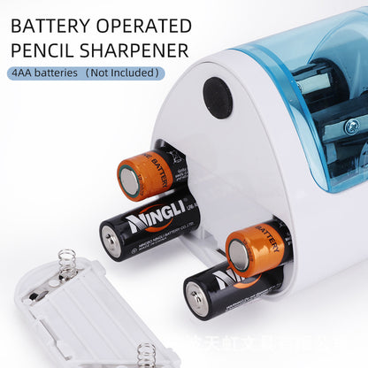 Origsoul battery operated pencil sharpener powered by 4 AA batteries with white and blue casing
