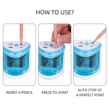 Origsoul battery operated pencil sharpener showing steps to insert pencil press start and auto stop