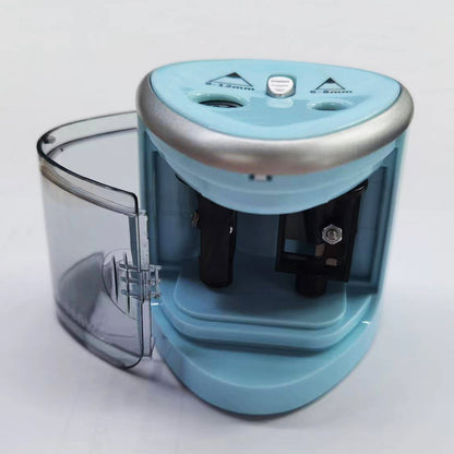 Origsoul blue battery operated pencil sharpener with transparent shavings container and dual pencil holes
