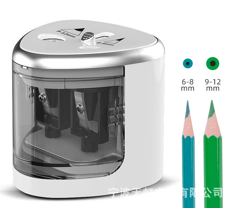 Origsoul battery operated pencil sharpener in white and silver with dual sharpening holes for 6 to 12 mm pencils