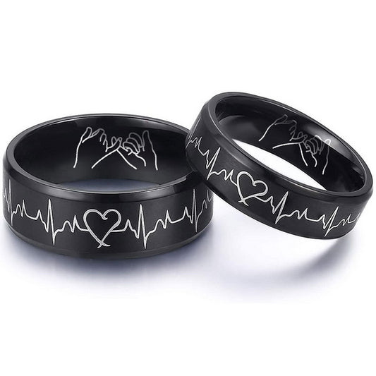Origsoul black titanium steel couple rings with heartbeat and heart design engraved