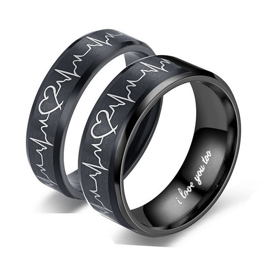 Origsoul titanium steel couple rings with heart and heartbeat design and engraved I love you too message