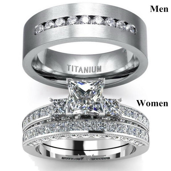 Origsoul unique his and hers rings set featuring titanium band for men and diamond-studded ring for women