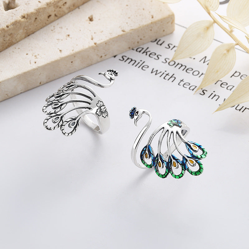 Origsoul peacock adjustable ring for women with colorful and silver detailed design