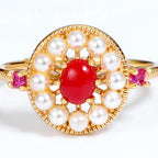 Origsoul unique gemstone jewelry ring with central red stone surrounded by pearls on gold band
