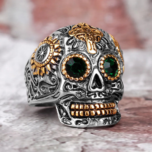 Origsoul unique gothic statement ring featuring a skull design with green stones and gold accents
