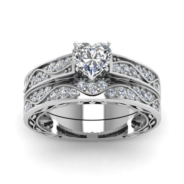 Origsoul unique his and hers rings with heart-shaped center diamond and intricate band design