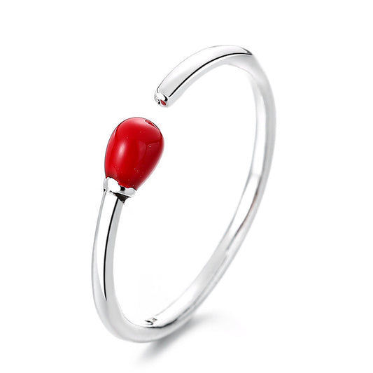 Origsoul unique minimalist silver ring with an open design featuring a red teardrop-shaped accent