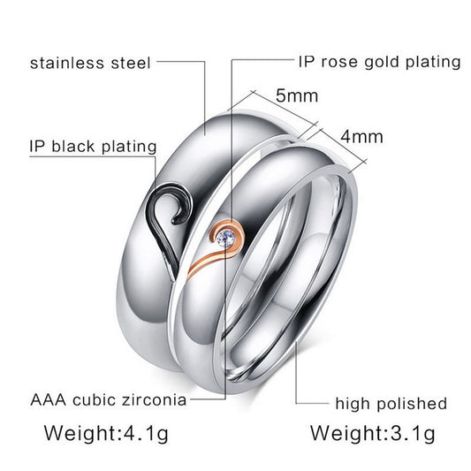 Origsoul unique promise rings for couples with stainless steel, IP rose gold and black plating, and cubic zirconia