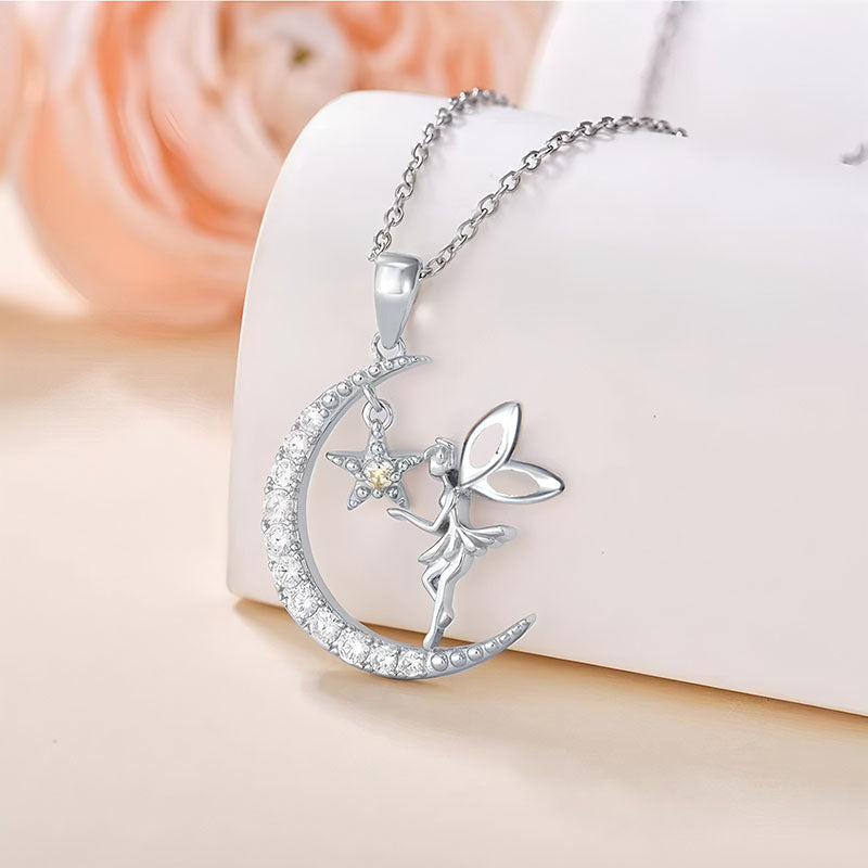 Origsoul silver fairy moon pendant necklace with sparkling crescent moon and fairy charm on chain