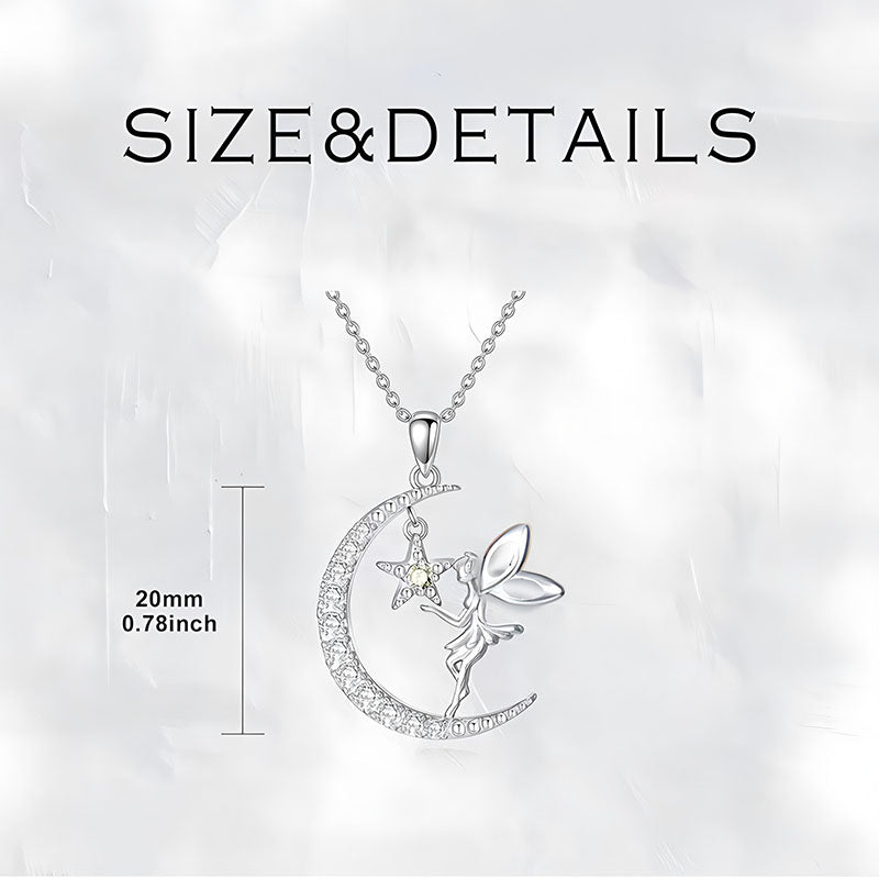 Origsoul fairy moon pendant necklace with a fairy holding a star on a crescent moon silver pendant