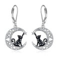 Origsoul cat and moon Celtic earrings with black cat reaching for star on silver Celtic crescent moon