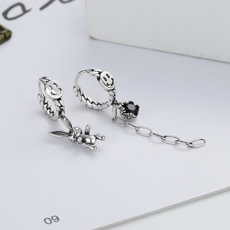 Origsoul cute rabbit charm earrings in silver with smiley face and black stone chain dangle