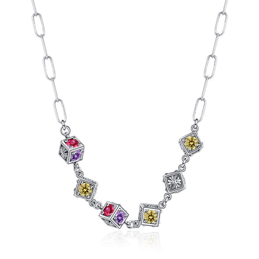 Origsoul fashion clavicle necklace for women with colorful gemstone cube charms and silver chain links