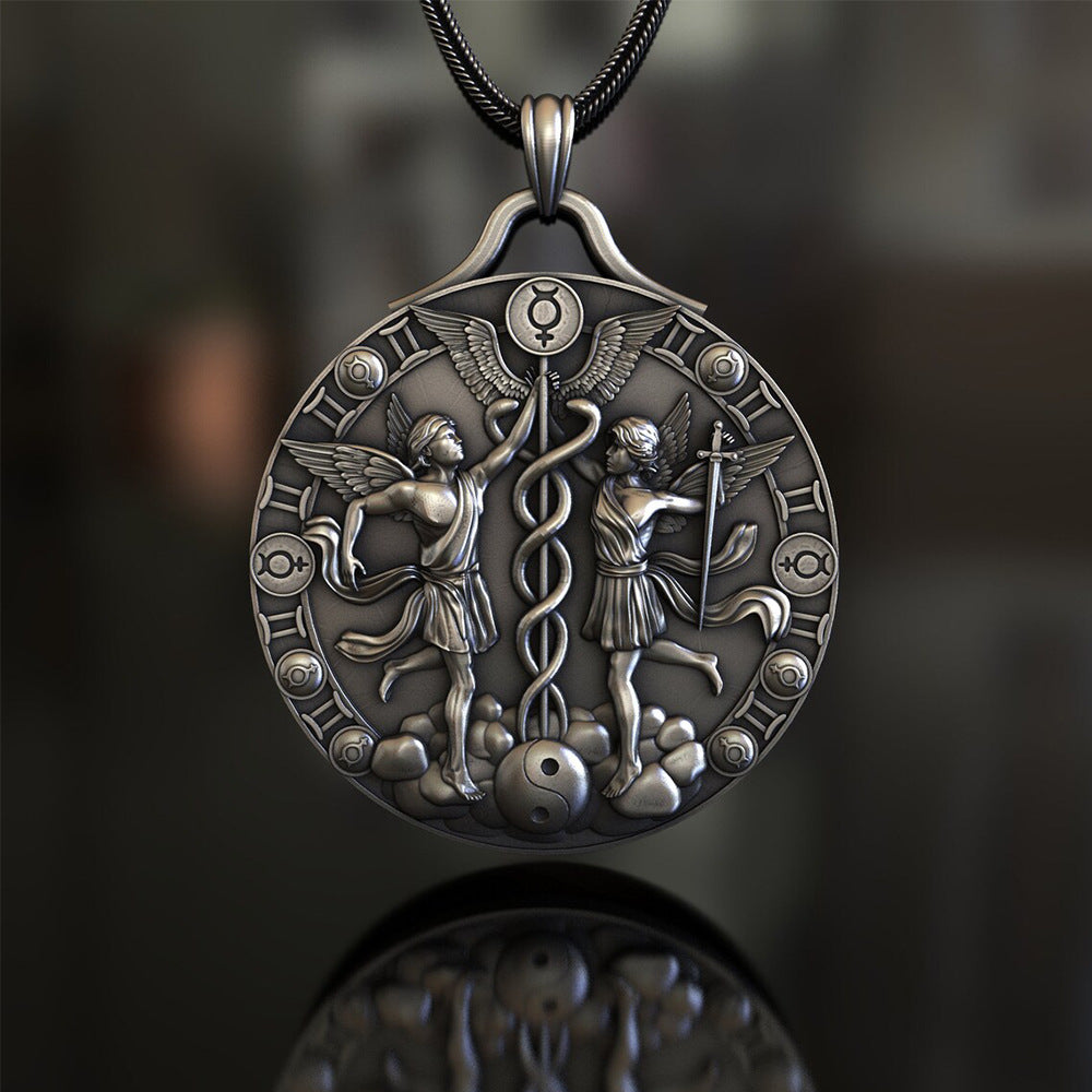 Origsoul Tranquil Spirit Collection Gemini horoscope pendant with detailed dual figures and celestial symbols
