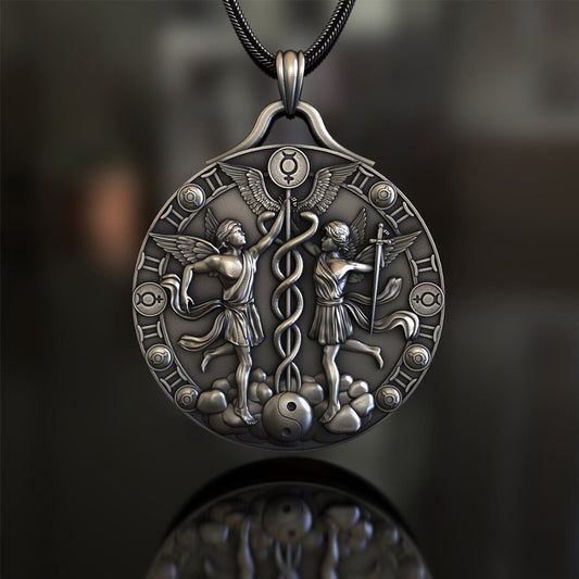 Origsoul Tranquil Spirit Collection Gemini horoscope pendant with detailed dual figures and celestial symbols