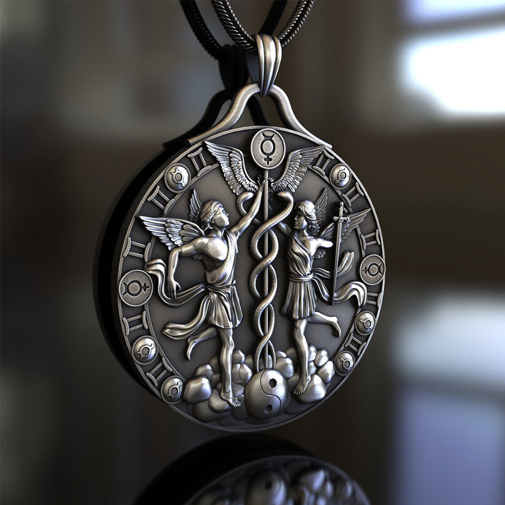 Origsoul Tranquil Spirit Collection Gemini horoscope pendant with detailed winged figures and zodiac symbols