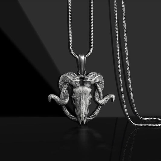 Origsoul goat skull necklace with detailed ram skull pendant on a silver chain