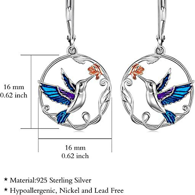 Origsoul handcrafted bird drop earrings in sterling silver with blue and purple enamel hummingbird design