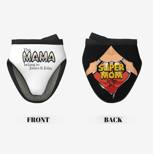 Origsoul mini silicone oven mitts with white front saying This Mama belong to James and John and black back with Super Mom design