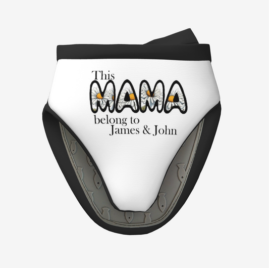 Origsoul mini silicone oven mitts with This Mama belong to James & John design in black and white