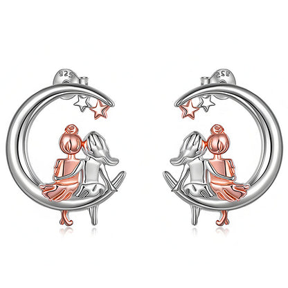 Origsoul moon and star fashion earrings featuring a silver crescent moon with rose gold couple sitting and two stars