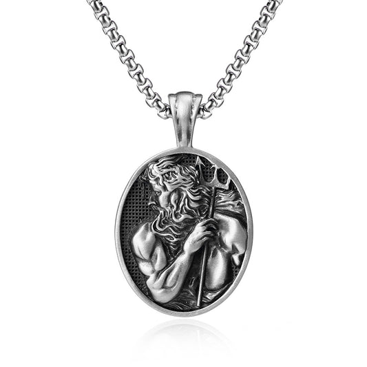 Origsoul Tranquil Spirit Collection mythology inspired necklace with detailed silver pendant of a muscular god holding a trident