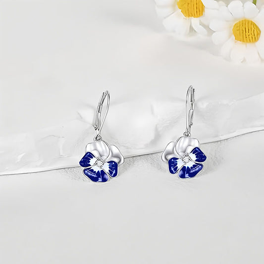 Origsoul oil drop enamel earrings women with silver and blue floral design on white background