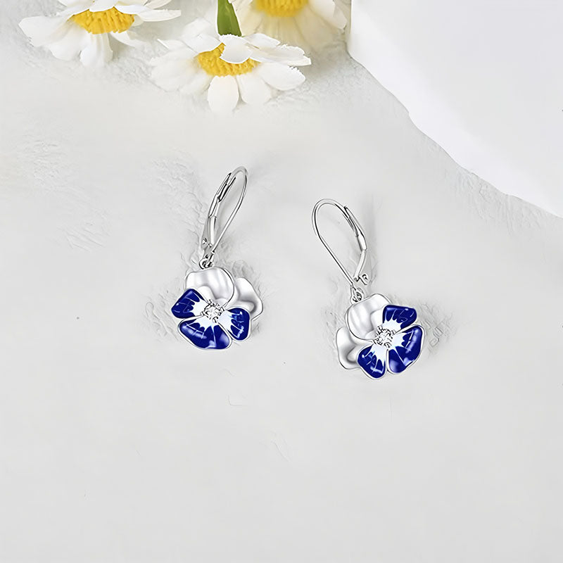 Origsoul oil drop enamel earrings women with blue and white flower design hanging on silver hooks