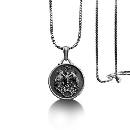 Origsoul silver phoenix pendant necklace with detailed phoenix design on round medallion and chain