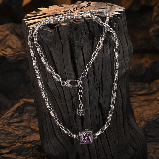Origsoul jewelry retro three-dimensional silver pendant necklace with purple gemstone on dark wood